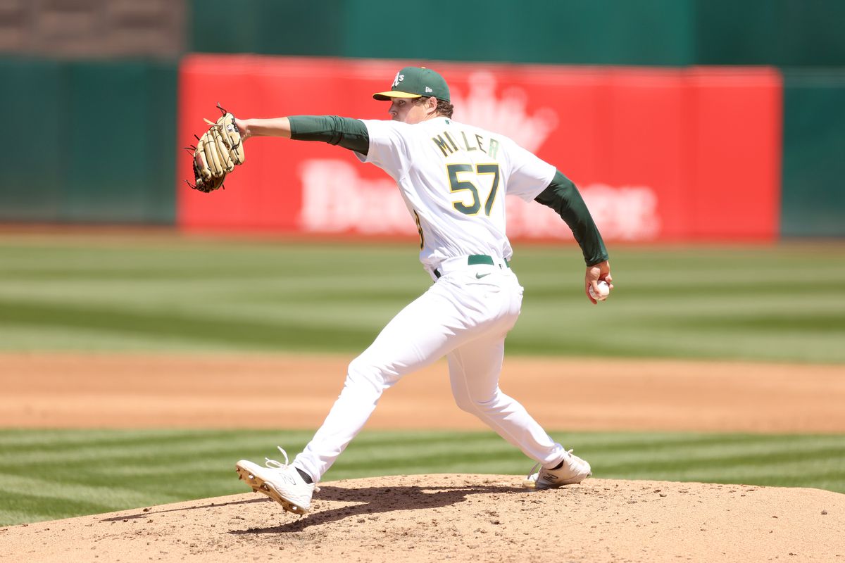 Mason Miller of the Oakland Athletics pitches during the third inning in his Major League Baseball debut against the Chicago Cubs at RingCentral Coliseum on April 19, 2023 in Oakland, California.