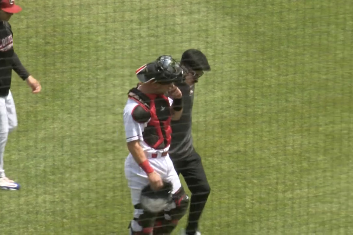 Dodgers minor league catcher Dalton Rushing leaves the June 13, 2023 game for High-A Great Lakes in the third inning shortly after getting hit on the helmet by a backswing.