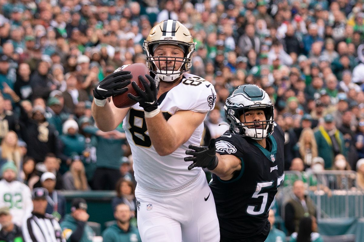 New Orleans Saints tight end Adam Trautman (82) makes a touchdown catch past Philadelphia Eagles middle linebacker T.J. Edwards (57) during the second quarter at Lincoln Financial Field.
