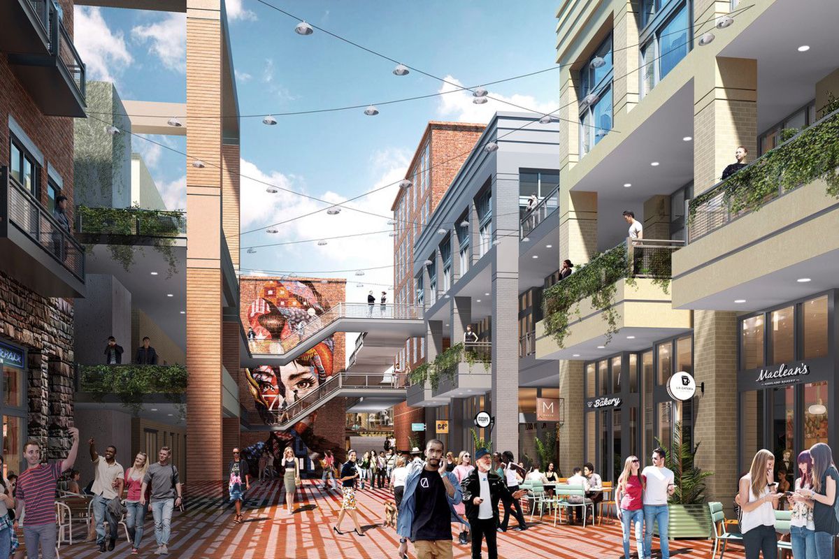 A rendering of people walking in a retail corridor with glassy storefronts and blue sky overhead. 