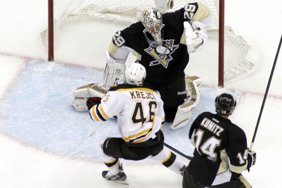 Krejci scoring a goal against the Pittsburgh Penguins last season. 