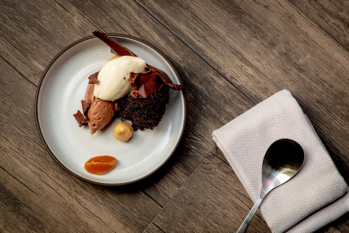 Red Paper Clip’s chocolate cookie dessert with whipped cream and caramel miso