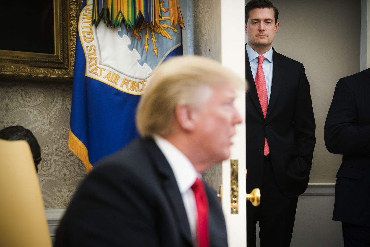 WASHINGTON, DC - FEBRUARY 2: White House Staff Secretary Rob Porter watches as President Donald Trump speaks during a meeting with North Korean defectors in the Oval Office at the White House in Washington, DC on Friday, Feb. 02, 2018. President Donald Tr