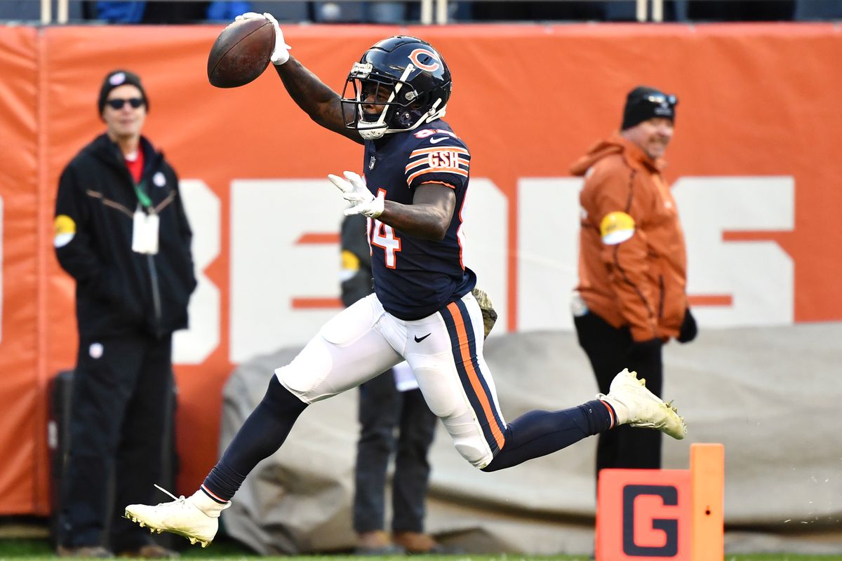 Marquise Goodwin #84 of the Chicago Bears scores a touchdown during the fourth quarter in the game against the Baltimore Ravens at Soldier Field on November 21, 2021 in Chicago, Illinois.
