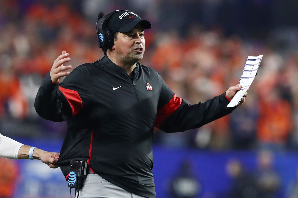Ohio State Buckeyes head coach Ryan Day reacts against the Clemson Tigers during the first half in the 2019 Fiesta Bowl college football playoff semifinal game at State Farm Stadium.