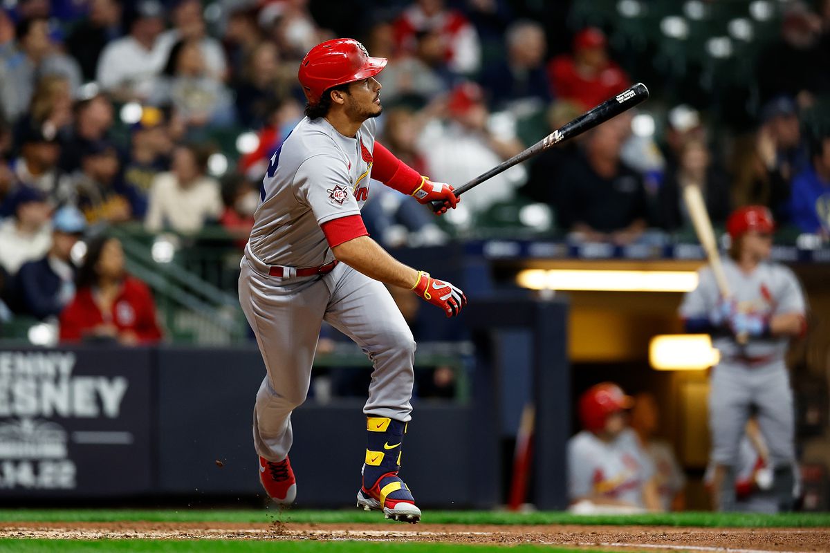 Nolan Arenado #28 of the St. Louis Cardinals hits a two-run home run in the ninth inning against the Milwaukee Brewers at American Family Field on April 15, 2022 in Milwaukee, Wisconsin. All players are wearing the number 42 in honor of Jackie Robinson Day.