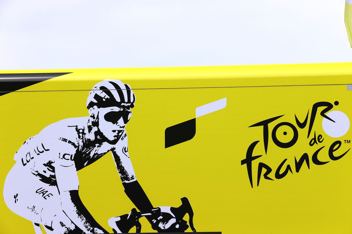 Tadej Pogačar of Slovenia and UAE-Team Emirates logo during the 108th Tour de France 2021, Stage 1 a 197,8km stage from Brest to Landerneau - Côte De La Fosse Aux Loups 176m / Detail view / @LeTour / #TDF2021 / on June 26, 2021 in Landerneau, France.