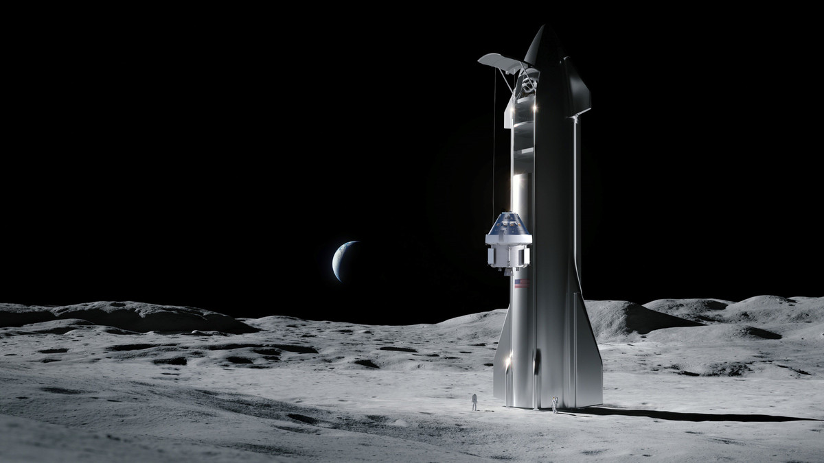 Ayın yüzeyinde kargo teslim eden SpaceX Starship'in bir sanatçı tarafından yapılmış çizimi.
