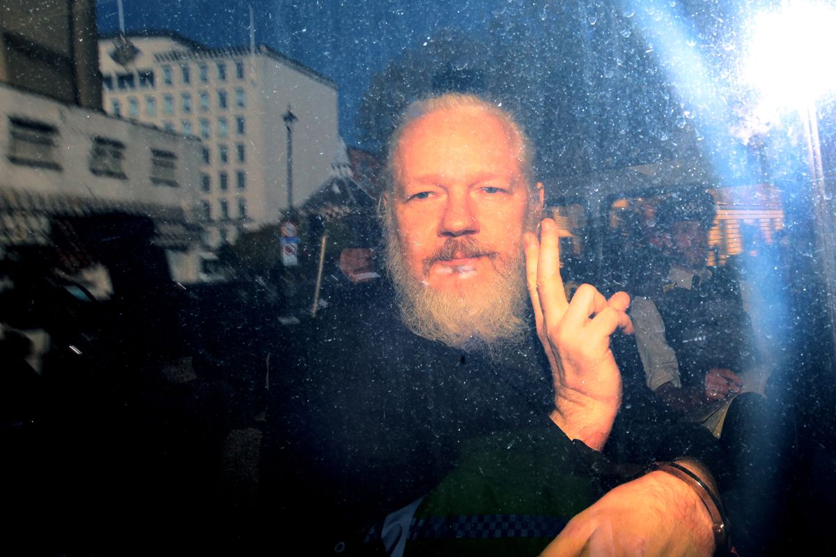 Julian Assange in a police vehicle on April 11, 2019 in London, England
