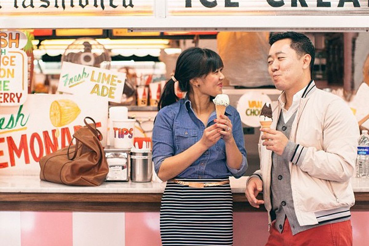 Blogger Joy Cho of Oh Joy! with her husband via Instagram/<a href="http://instagram.com/p/VZxTuUND0c/">@bananarepublic</a>