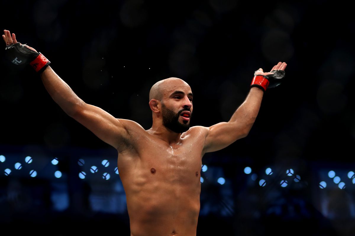 Ottman Azaitar of Morocco celebrates victory against Teemu Packalen of Finland in their Lightweight Bout during the UFC 242 event at The Arena on September 07, 2019 in Abu Dhabi, United Arab Emirates.