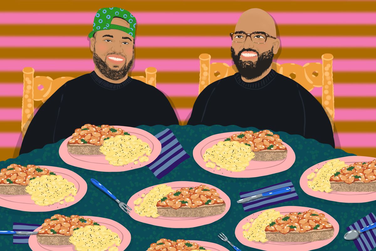 Arjun and Nakul Mahendro sit at a table set with many plates of eggs, toast, and beans. Illustration.