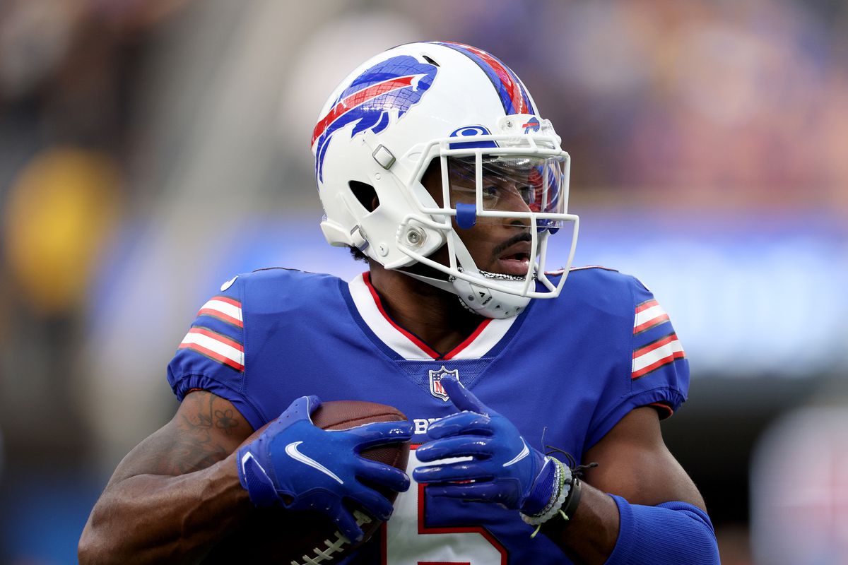 Isaiah McKenzie #6 of the Buffalo Bills during warm up before the game against the Los Angeles Rams in the 2022 NFL season opening game at SoFi Stadium on September 08, 2022 in Inglewood, California.