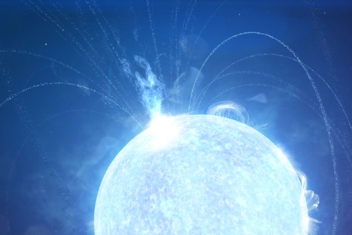 This image from video animation provided by NASA shows a powerful X-ray burst erupting from a magnetar — a supermagnetized version of a stellar remnant known as a neutron star. A radio burst detected April 28, occurred during a flare-up like this on a magnetar called SGR 1935. The radio signal was more powerful than any previously seen in our galaxy. The simultaneous X-ray and radio events point to magnetars as a likely source of mysterious fast radio bursts observed from other galaxies.