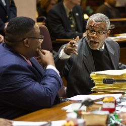 Ald. Walter Burnett Jr. (27th) yells to Ald. Jason Ervin (28th) during a contentious Chicago City Council meeting, where aldermen were scheduled to vote on attempt by the Black Caucus to delay sales of recreational marijuana in Chicago for six months to give African American and Hispanic people a chance to get a piece of the action, at City Hall, Wednesday, Dec. 18, 2019.