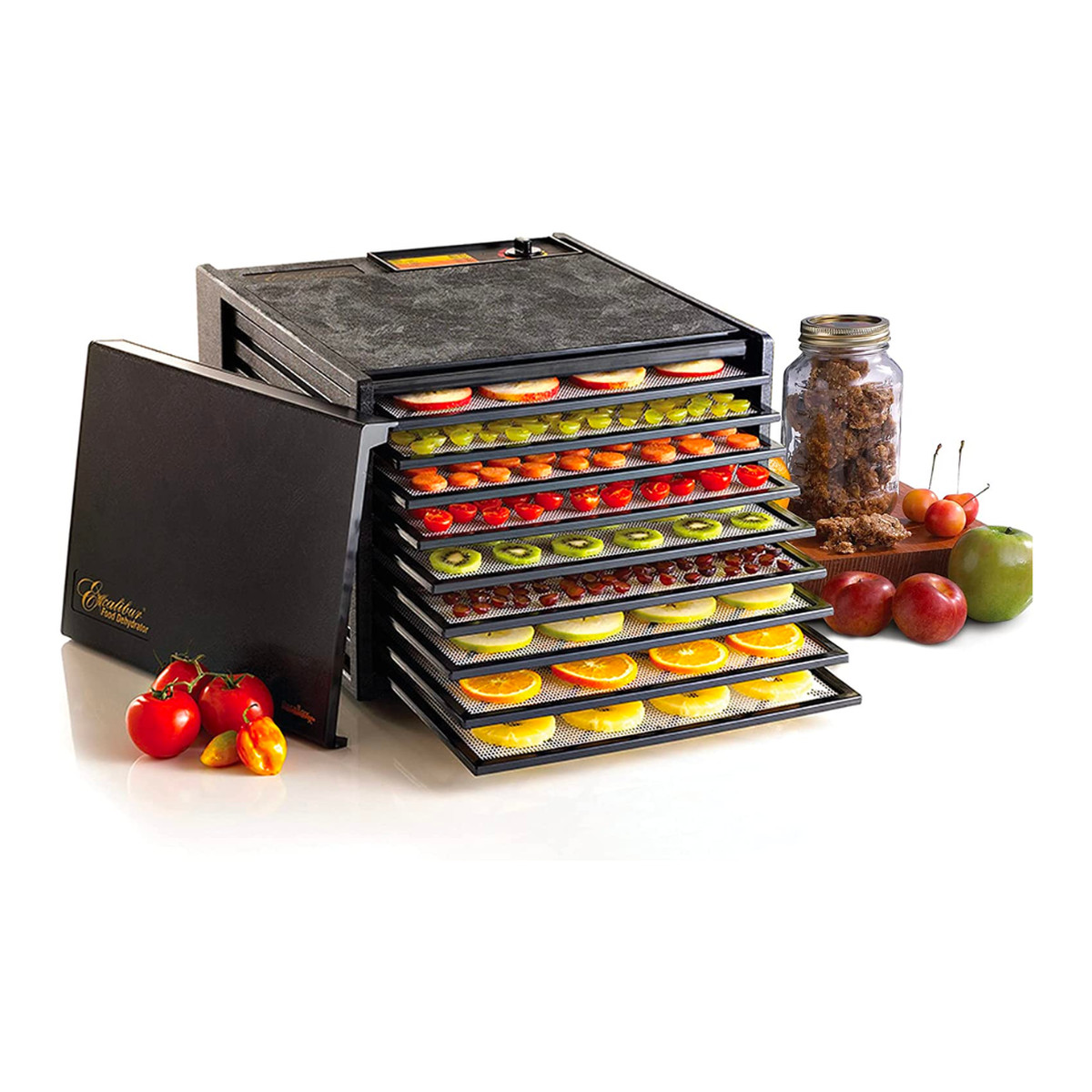 Excalibur food dehydrator with nine separate trays and sample food items