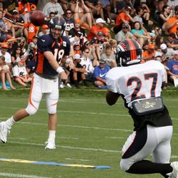 Quarterback Peyton Manning hits RB Knowshon Moreno for a pass during training camp