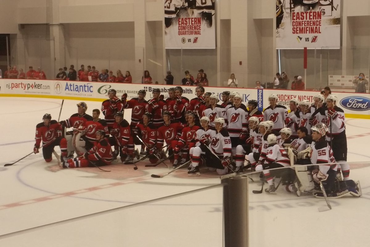 The post-scrimmage photo of the Red and White teams at this afternoon's scrimmage