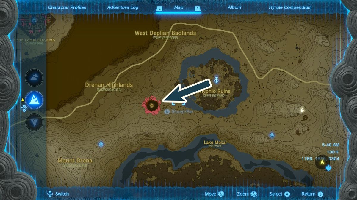 A map shows the location of the chasm leading to the Depths by the Lost Woods in Zelda Tears of the Kingdom.