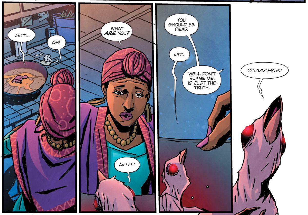 A woman in a headwrap finds a baby chick with burning red eyes, that is improbably alive at the center of the egg she just cracked, in House of Whispers #13, DC Comics (2019). 