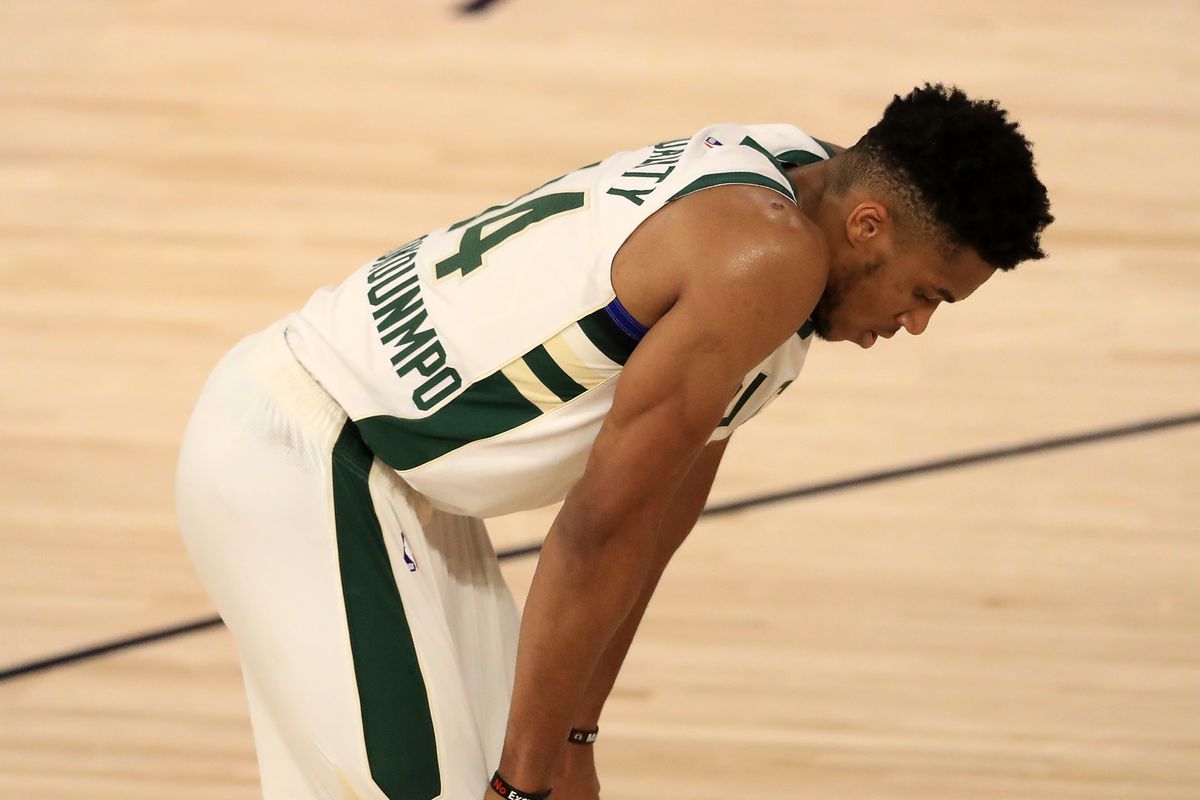 Giannis Antetokounmpo of the Milwaukee Bucks reacts during the third quarter against the Miami Heat in Game Three of the Eastern Conference Second Round during the 2020 NBA Playoffs at the Field House at the ESPN Wide World Of Sports Complex on September 04, 2020 in Lake Buena Vista, Florida.