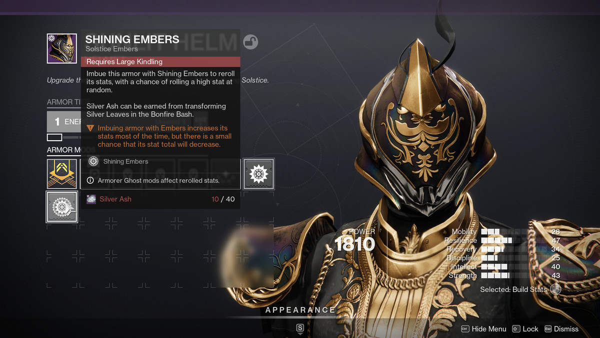 A look at the upgrade menu for Sunlit armor in Destiny 2’s Solstice 2023 event