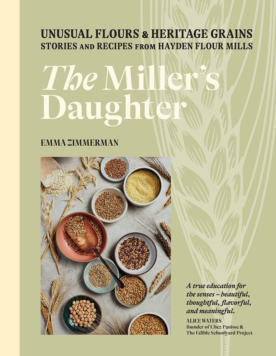 The cover of The Miller’s Daughter: A photograph of bowls of grains is inlaid in a larger illustration of a stalk of wheat.