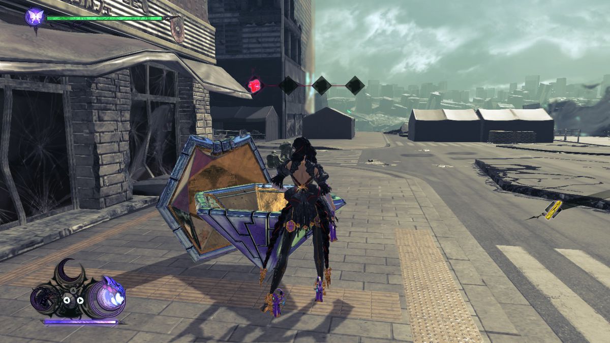 Bayonetta stands on a sidewalk near a Broken Witch Heart in Bayonetta 3.