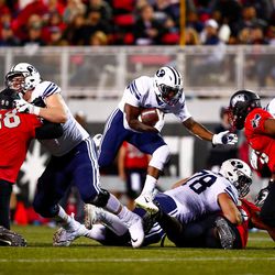 BYU running back Squally Canada looks for yardage during game against UNLV on Friday, Nov. 10, 2017, in Las Vegas.