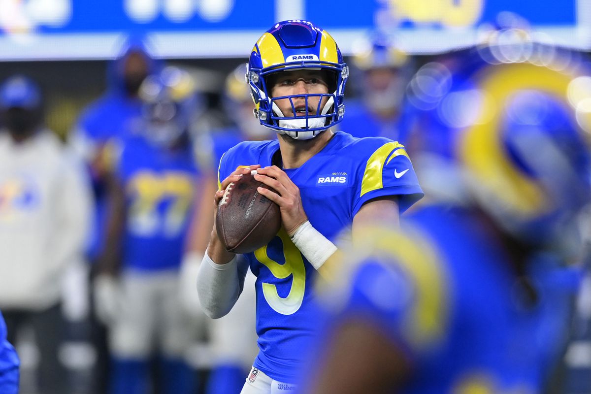 Matthew Stafford #9 of the Los Angeles Rams looks to pass the ball in the game against the Seattle Seahawks at SoFi Stadium on December 19, 2021 in Inglewood, California.