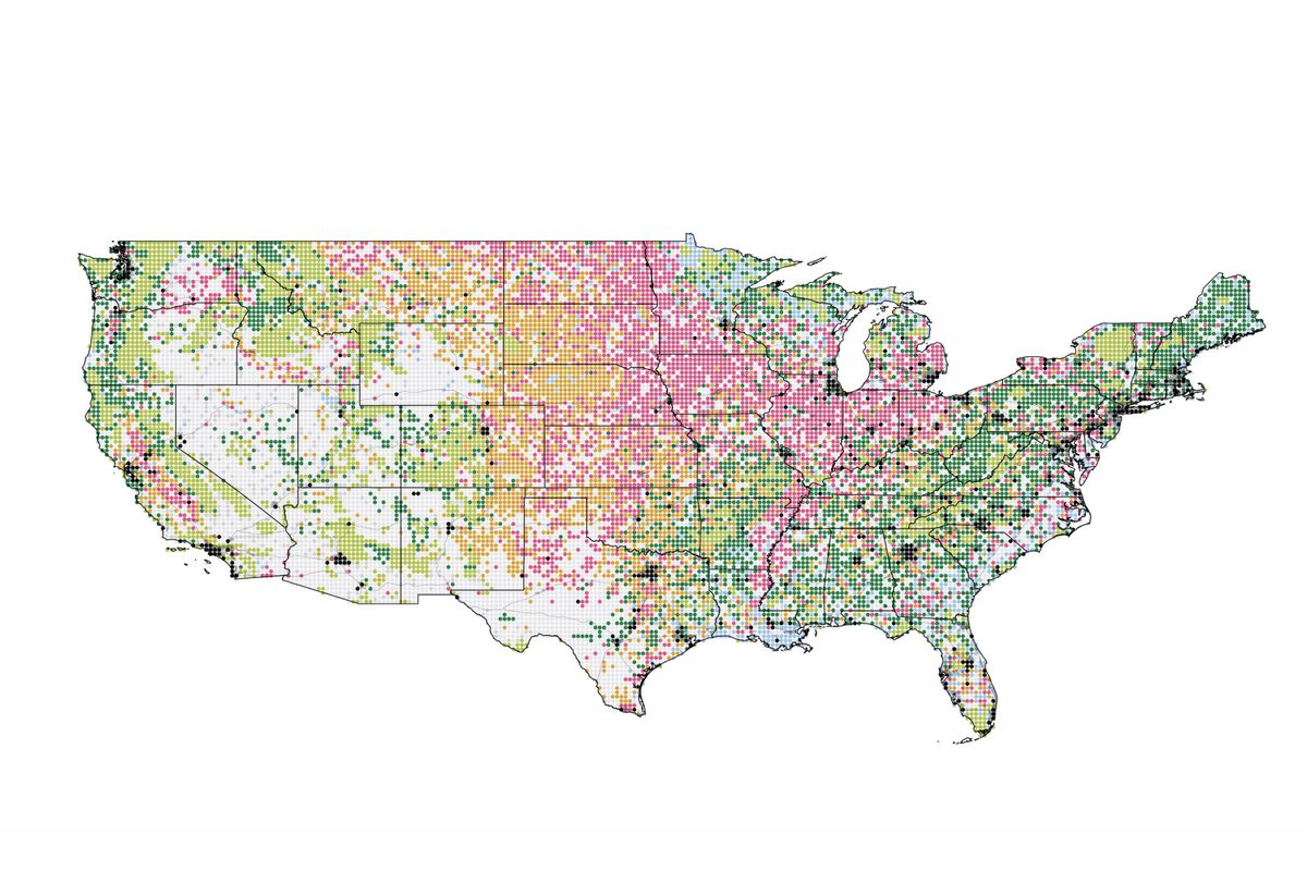 A map of the US showing open space, urban areas, agriculture lands, grassland and pasture lands, forests, wetlands, shrub lands, and other areas through pixelated colored dots
