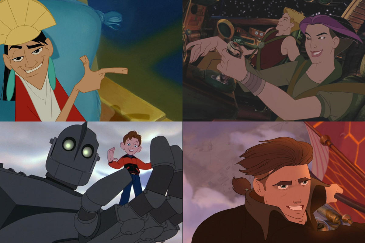 a four quadrant grid featuring kuzco from emperor’s new groove, cale and akima from titan ae, hogarth and the iron giant from the iron giant, and jim hawkins from treasure planet