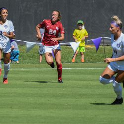 Kansas State’s Haley Sutter (3) looks downfield before passing while Oklahoma’s Erika Yost (24) pursues during a match on Sunday, Sept. 23, 2018, in Manhattan.