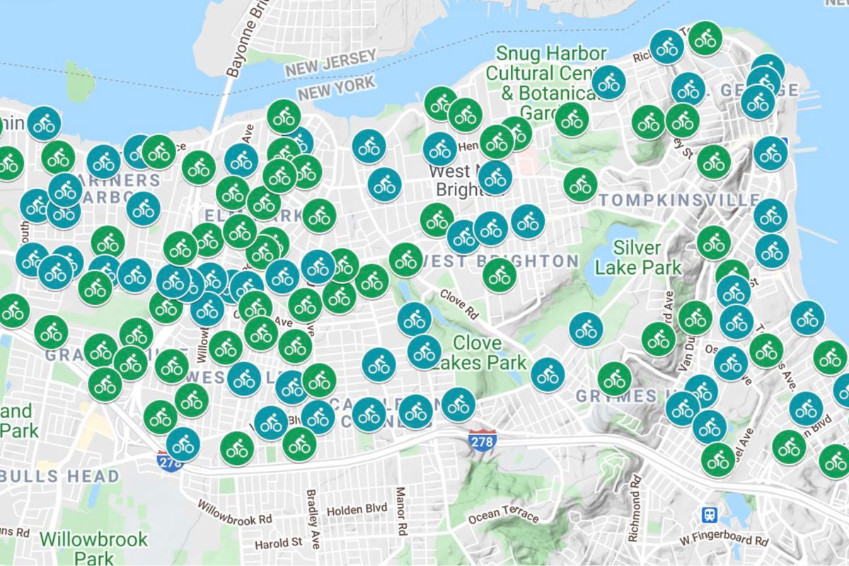 A map developed by the city’s Department of Transportation shows potential dockless bike locations on Staten Island’s North Shore.