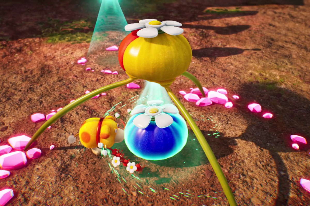 Oatchi and some Red Pikmin carry the Blue Onion to a Red and Yellow Onion in Pikmin 4