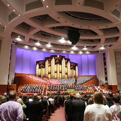 Attendees sing a congregational hymn during the 182nd Annual General Conference for The Church of Jesus Christ of Latter-day Saints in Salt Lake City  Saturday, March 31, 2012.