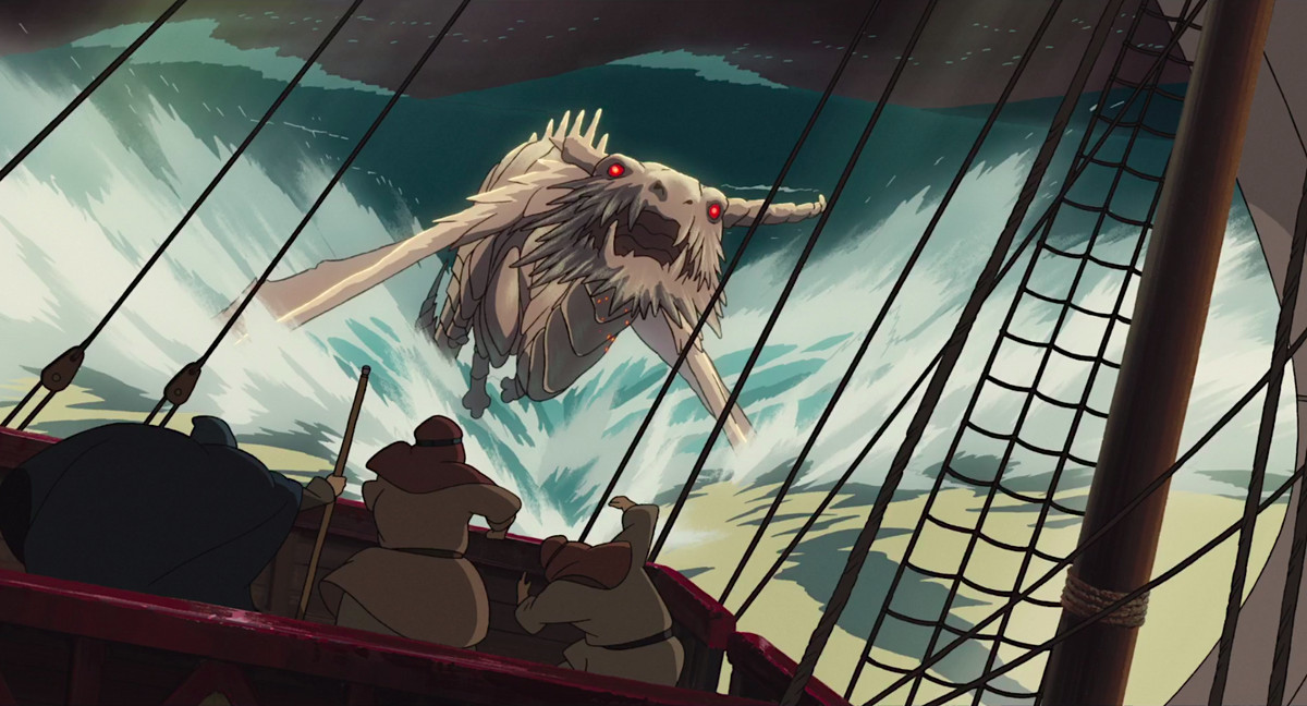A red-eyed white dragon tears by a sailboat in an early scene in Studio Ghibli’s Tales from Earthsea