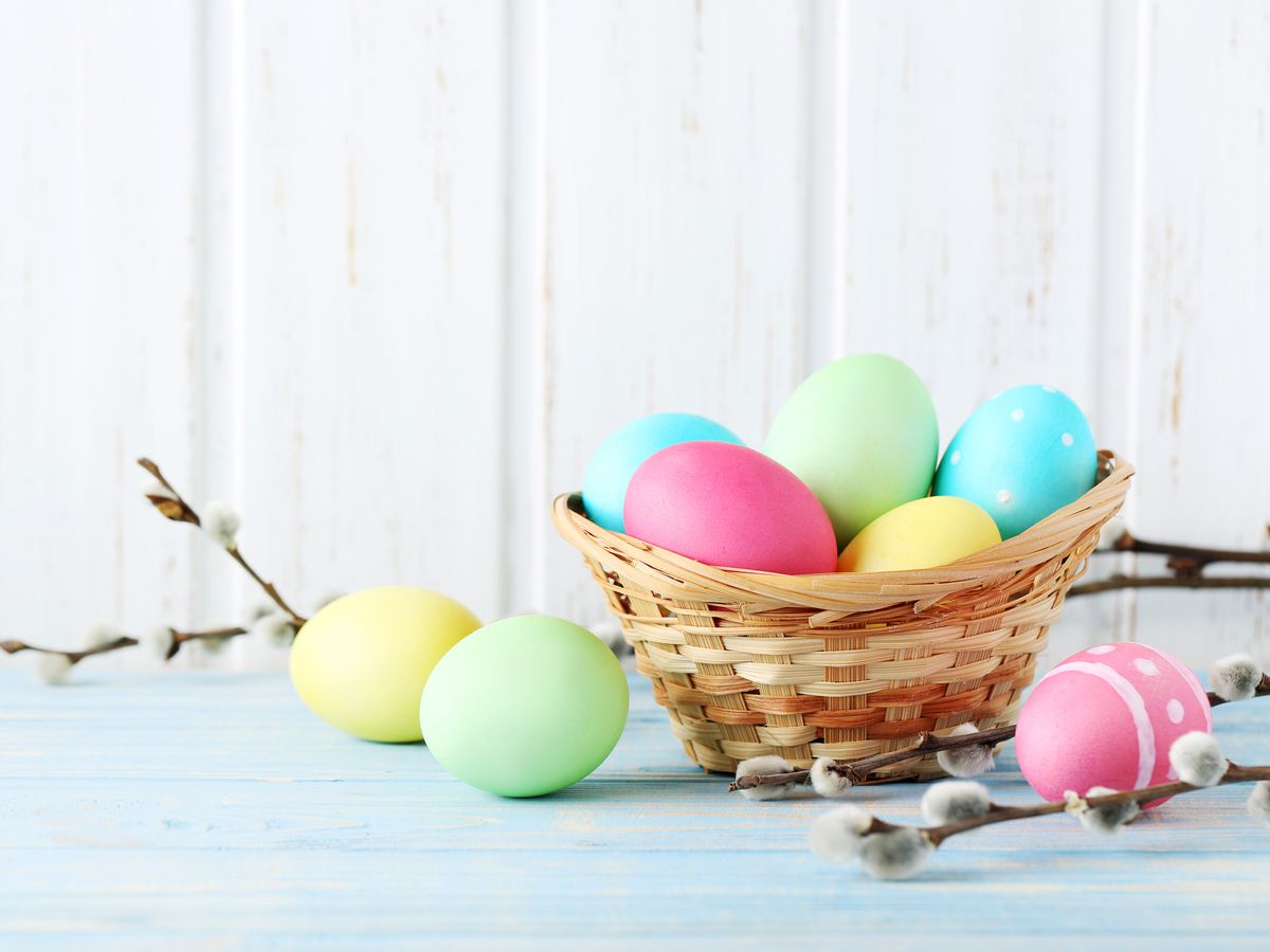 A basket of Easter eggs.