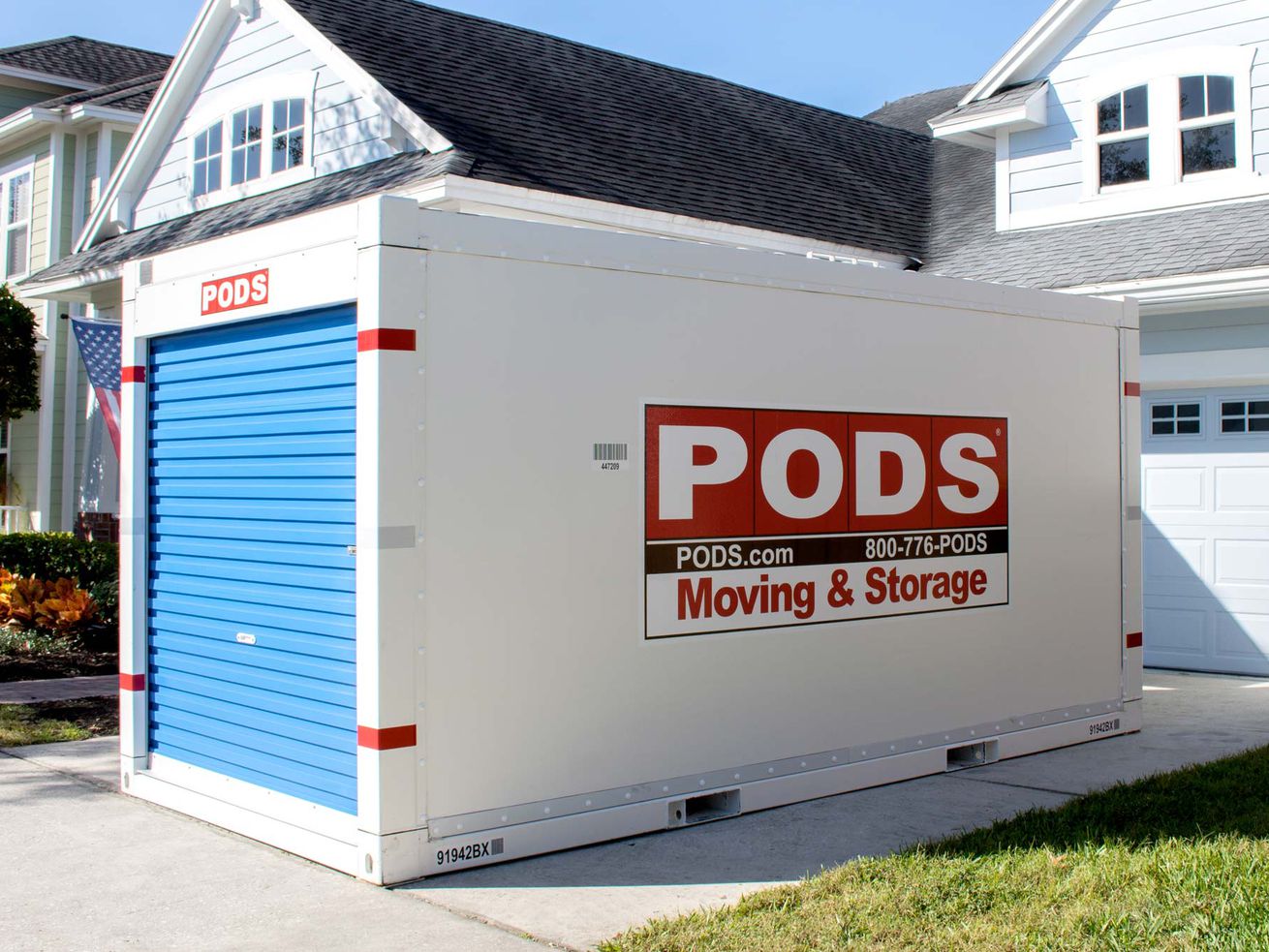 PODS storage container in front of a home