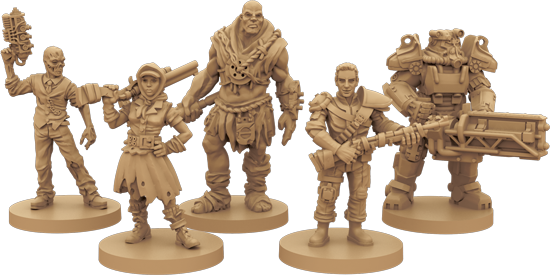 Mock-ups of Fallout miniatures, including a Ghoul, Wastelander, Super Mutant, Vault dweller and a member of the Brotherhood of Steel.