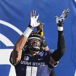 USU's Brandon Swindall reaches up for the ball with Wyoming's Tim Hayes hanging on him as Utah State and Wyoming play Saturday, Nov. 30, 2013, in Logan. USU won, 35-7.