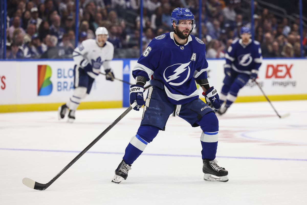 Nikita Kucherov of the Tampa Bay Lightning against the Toronto Maple Leafs during the third period at Amalie Arena on April 11, 2023 in Tampa, Florida.