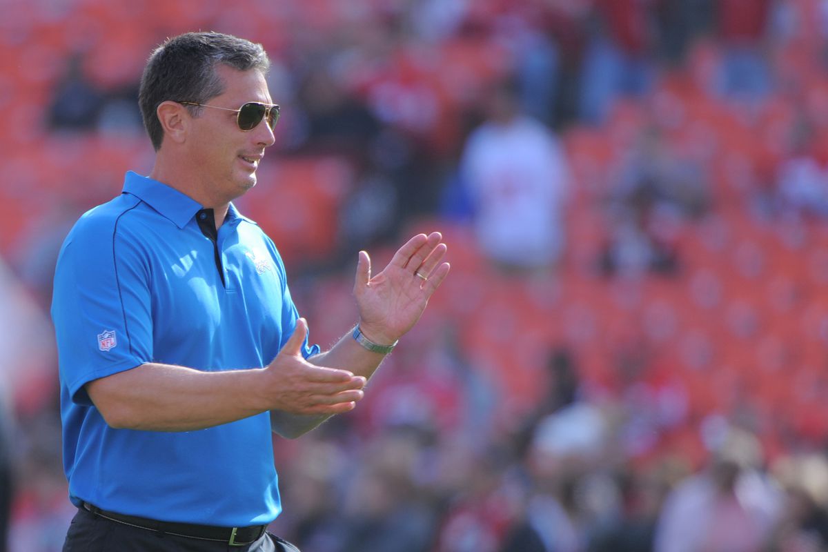 September 16, 2012; San Francisco, CA, USA; Detroit Lions head coach Jim Schwartz watches warm ups before the game against the San Francisco 49ers at Candlestick Park. Mandatory Credit: Kyle Terada-US PRESSWIRE