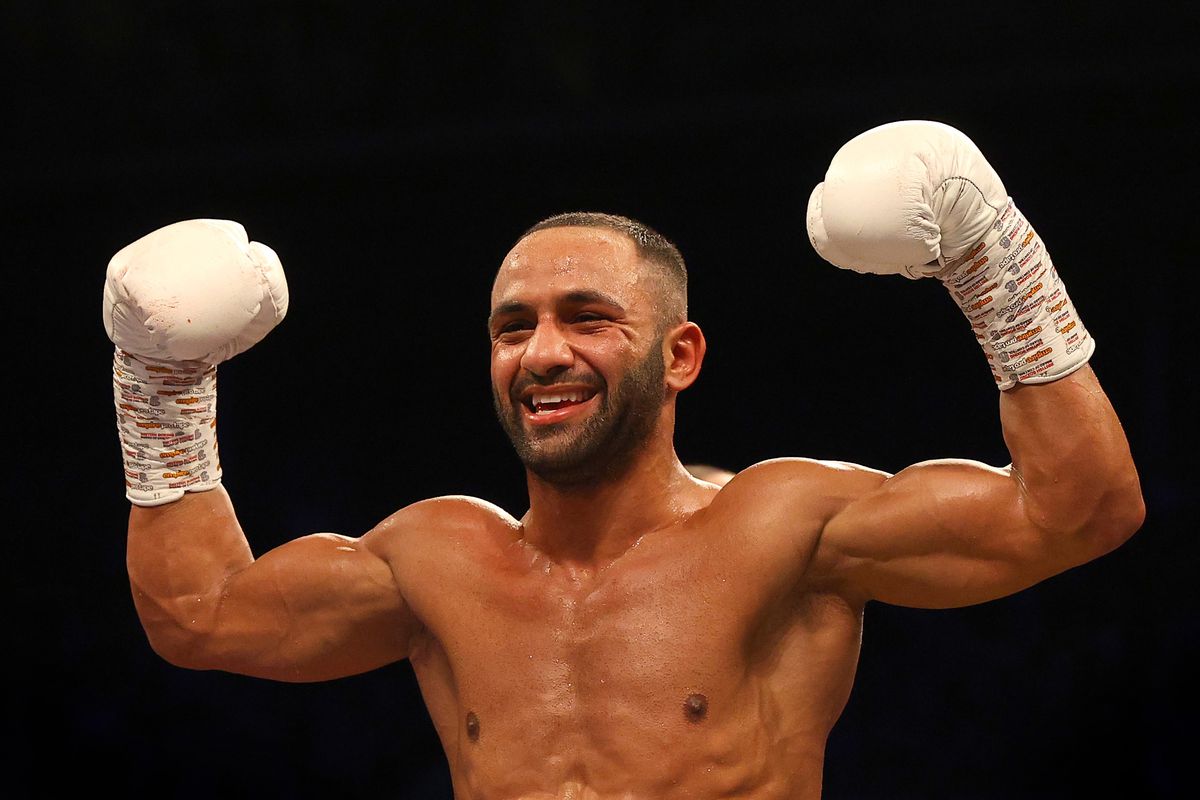 Kid Galahad celebrates victory over Claudio Marrero during the IBF Featherweight World Title Final Eliminator fight between Kid Galahad and Claudio Marrero at FlyDSA Arena on February 08, 2020 in Sheffield, England.