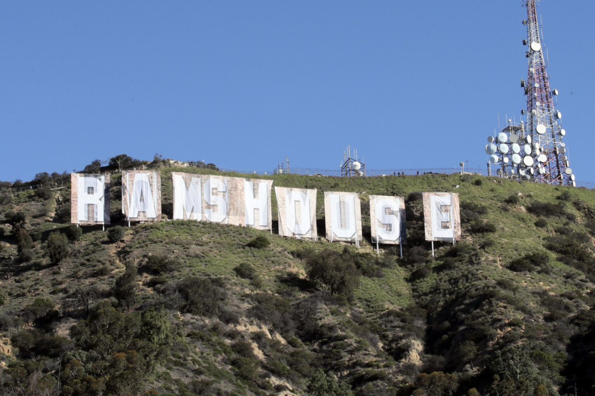 A Rams House sign temporarily replacing the Hollywood sign in LA.