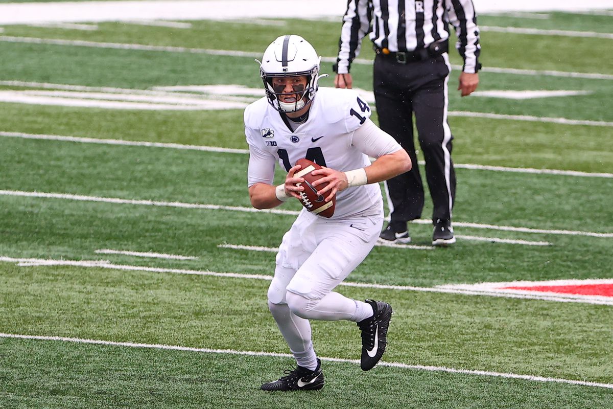 Penn State Nittany Lions quarterback Sean Clifford runs during the college football game between the Rutgers Scarlet Knights and the Penn State Nittany Lions on December 5, 2020 at SHI Stadium in Piscataway, NJ.