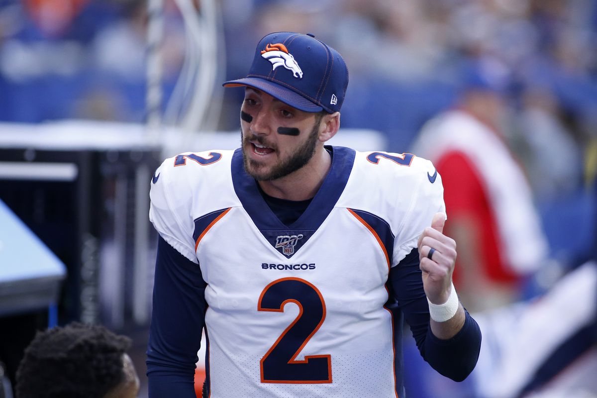 Brandon Allen of the Denver Broncos on the sidelines in the game against the Indianapolis Colts at Lucas Oil Stadium on October 27, 2019 in Indianapolis, Indiana.