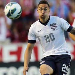 Geoff Cameron (20) of the U.S. eyes the ball after kicking it as the United States and Honduras play Tuesday, June 18, 2013 at Rio Tinto Stadium. USA beat Honduras 1-0.