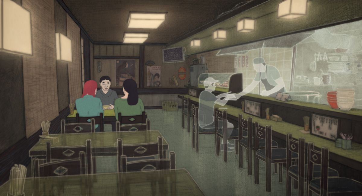 A man and two women he just me sit in a diner in the Haruki Murakami adaptation Blind Willow, Sleeping Woman.
