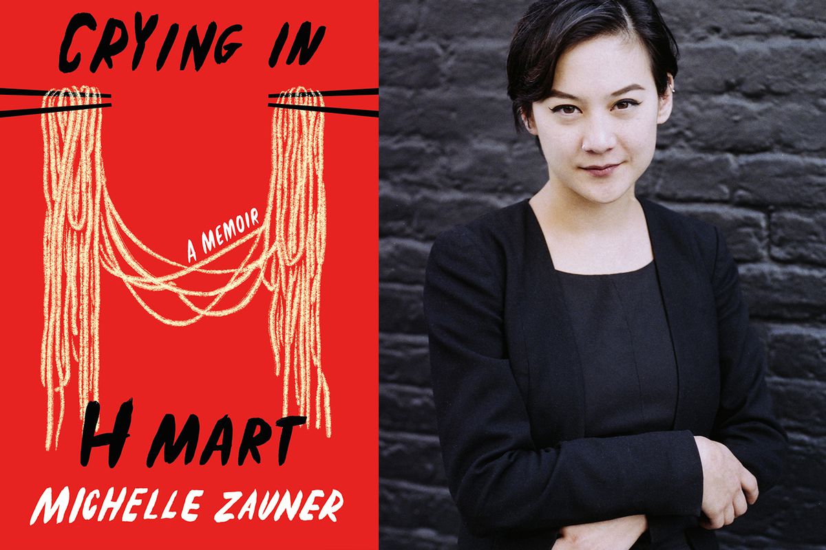 The book cover for Crying in H Mart and a photo of a woman, Michelle Zauner, with her arms crossed